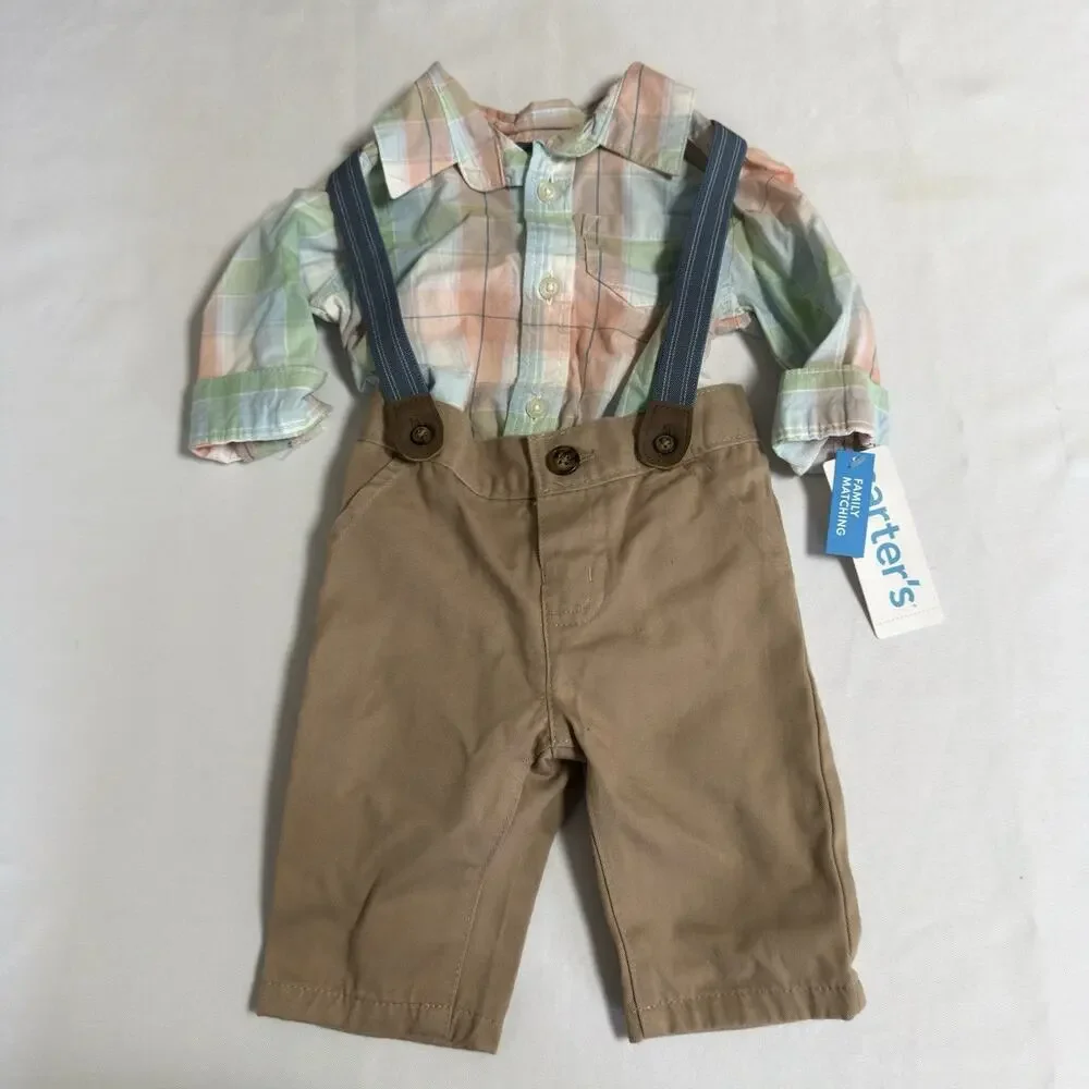 Carter's Baby Boy Bodysuit, Pants & Suspenders Set Size 6 Months Tan Plaid